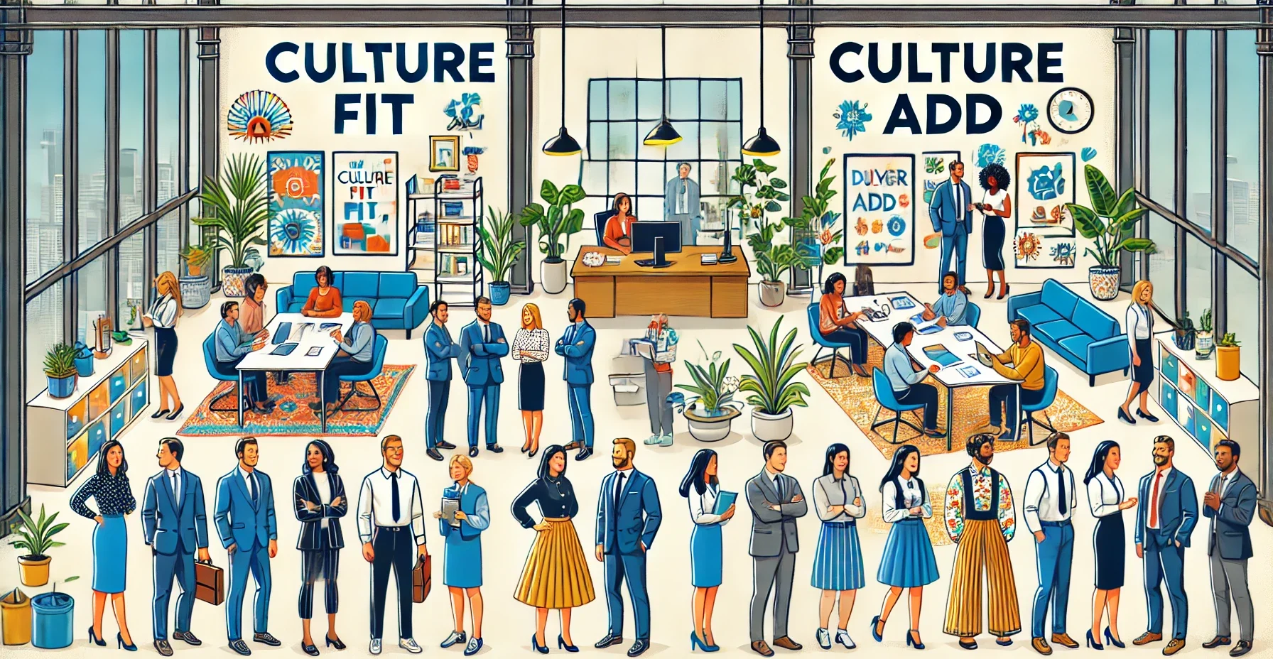 DALL·E .. A modern illustration comparing 'Culture Fit' and 'Culture Add' in a business office environment. On the left, labeled 'Culture Fit,' a team of employ